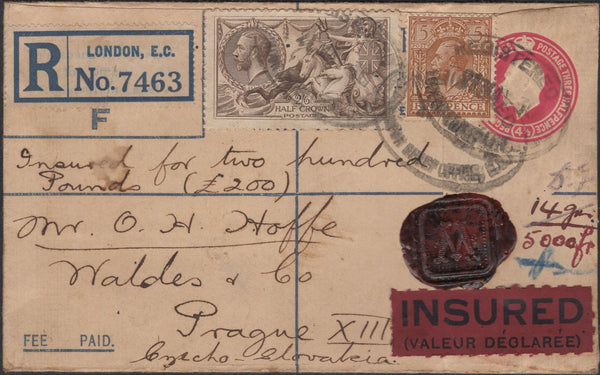 139704 1930 REGISTERED INSURED MAIL LONDON TO PRAGUE WITH 2/6 SEAHORSE (SG415).