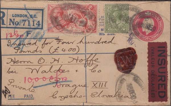 139706 1929 REGISTERED INSURED MAIL LONDON TO PRAGUE WITH 5S SEAHORSE (SG416).