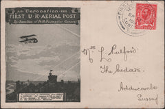 139714 1911 FIRST OFFICIAL U.K. AERIAL POST LONDON EMERGENCY ENVELOPE IN OLIVE GREEN TO ADDISCOMBE, SURREY.