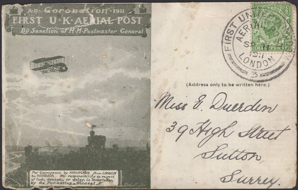 139716 1911 FIRST OFFICAL U.K. AERIAL POST LONDON POST CARD IN OLIVE GREEN TO SUTTON, SURREY.