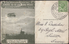 139716 1911 FIRST OFFICAL U.K. AERIAL POST LONDON POST CARD IN OLIVE GREEN TO SUTTON, SURREY.