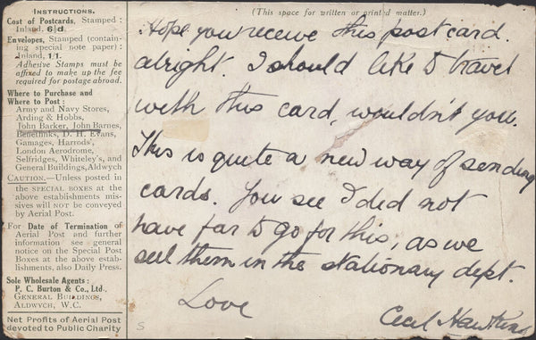 139716 1911 FIRST OFFICAL U.K. AERIAL POST LONDON POST CARD IN OLIVE GREEN TO SUTTON, SURREY.