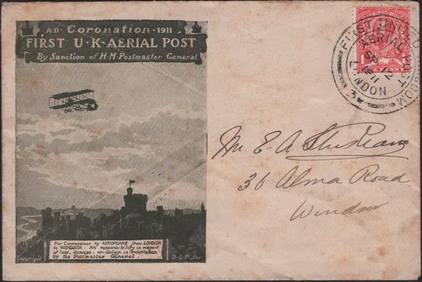 139717 1911 FIRST OFFICIAL U.K. AERIAL POST LONDON EMERGENCY ENVELOPE IN OLIVE GREEN TO WINDSOR.