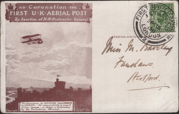 139718 1911 FIRST OFFICIAL U.K. AERIAL POST LONDON POST CARD IN BROWN TO HERTFORD.