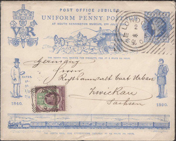 139719 1890 PENNY POSTAGE JUBILEE 1D BLUE ENVELOPE LONDON TO GERMANY WITH 1½D JUBILEE (SG198) HOSTER CANCELLATION.