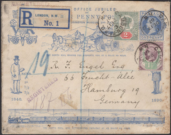 139720 1890 PENNY POSTAGE JUBILEE, 1D BLUE ENVELOPE SENT REGISTERED MAIL IN 1907 LONDON TO HAMBURG.