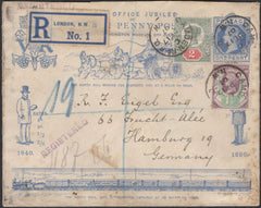 139720 1890 PENNY POSTAGE JUBILEE, 1D BLUE ENVELOPE SENT REGISTERED MAIL IN 1907 LONDON TO HAMBURG.