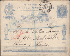 139721 1890 PENNY POSTAGE JUBILEE 1D BLUE ENVELOPE REGISTERED MAIL JULY 1890 LONDON TO PARIS.