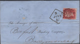 139725 1857 DUBLIN DIAMOND SPOON A3 (RA65) TO BALLYMONEY WITH DIE 2 1D PL.55 SAVOY STREET PRINTING.