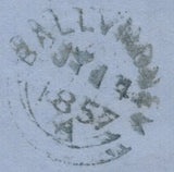 139725 1857 DUBLIN DIAMOND SPOON A3 (RA65) TO BALLYMONEY WITH DIE 2 1D PL.55 SAVOY STREET PRINTING.