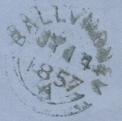 139725 1857 DUBLIN DIAMOND SPOON A3 (RA65) TO BALLYMONEY WITH DIE 2 1D PL.55 SAVOY STREET PRINTING.