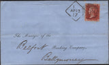 139726 1857 MAIL DUBLIN TO BALLYMONEY WITH DUBLIN DIAMOND SPOON TYPE A1 (RA63), DIE 2 1D PL.42 (SG29).