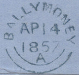139726 1857 MAIL DUBLIN TO BALLYMONEY WITH DUBLIN DIAMOND SPOON TYPE A1 (RA63), DIE 2 1D PL.42 (SG29).