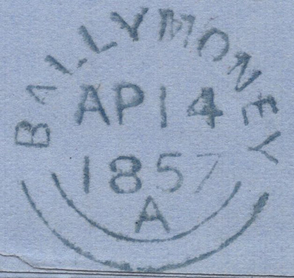139726 1857 MAIL DUBLIN TO BALLYMONEY WITH DUBLIN DIAMOND SPOON TYPE A1 (RA63), DIE 2 1D PL.42 (SG29).