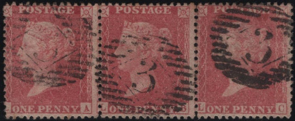 139733 1855 DIE 2 1D PL.55 HORIZONTAL STRIP OF THREE IN ROSE, SAVOY STREET PRINTING (SPEC C9A(2), VERY FINE USED.