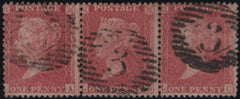 139733 1855 DIE 2 1D PL.55 HORIZONTAL STRIP OF THREE IN ROSE, SAVOY STREET PRINTING (SPEC C9A(2), VERY FINE USED.