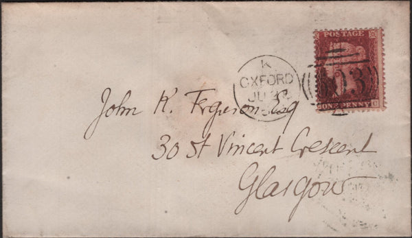 139735 1862 MAIL OXFORD TO GLASGOW WITH DIE 2 1D (SG40) WITH FINE 'O.U.S.' OVERPRINT READING UPWARDS (SPEC PP220).