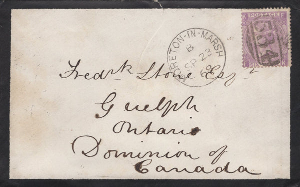 139751 1868 MOURNING ENVELOPE MORETON IN MARSH, GLOS TO CANADA WITH 6D LILAC (SG104).