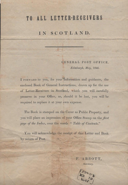 139763 1846-1847 PRINTED POST OFFICE CIRCULAR ENCLOSING 'BOOK OF GENERAL INSTRUCTIONS' TO ALL LETTER-RECEIVERS.