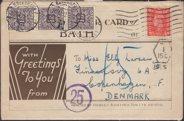 139770 1952 'SOUVENIR CARD OF BATH' POSTAGE UNDERPAID TO DENMARK.