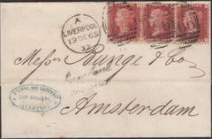 139775 1865 MAIL LIVERPOOL TO AMSTERDAM 1D PL.90 (SG43) X 3.