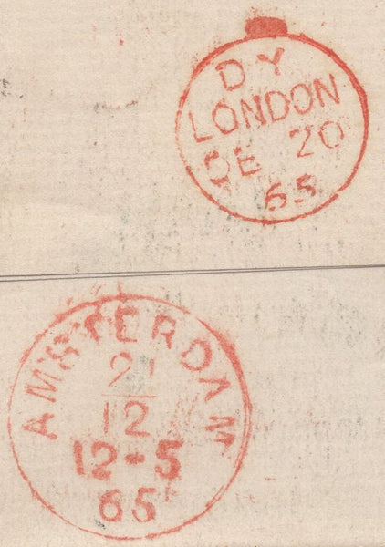 139775 1865 MAIL LIVERPOOL TO AMSTERDAM 1D PL.90 (SG43) X 3.