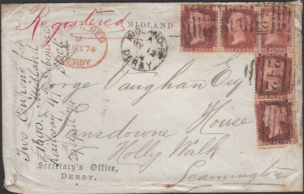 139776 1874 REGISTERED MAIL DERBY TO LEAMINGTON WITH 1D PL.150 (SG43) X 5 AND 'MIDLAND-RD/DERBY' DATE STAMP.
