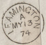 139776 1874 REGISTERED MAIL DERBY TO LEAMINGTON WITH 1D PL.150 (SG43) X 5 AND 'MIDLAND-RD/DERBY' DATE STAMP.