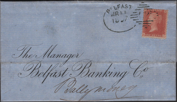 139779 1857 MAIL BELFAST TO BALLYMONEY DIE 2 1D PL.48 RED-ORANGE (SPEC C9(2) 'BELFAST/62' IRISH TYPE a SPOON (RA12).