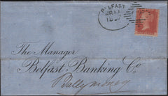 139779 1857 MAIL BELFAST TO BALLYMONEY DIE 2 1D PL.48 RED-ORANGE (SPEC C9(2) 'BELFAST/62' IRISH TYPE a SPOON (RA12).