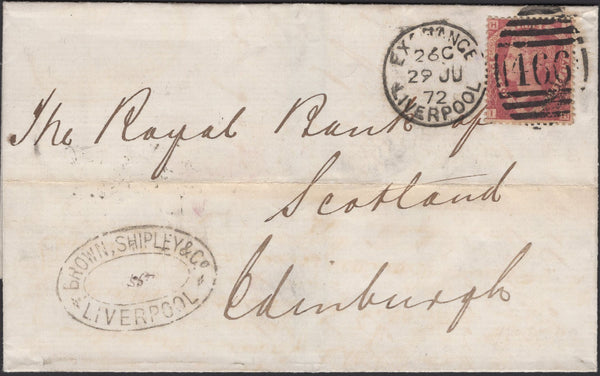 139785 1872 MAIL LIVERPOOL TO EDINBURGH WITH 1½D PL.1 (SG51).