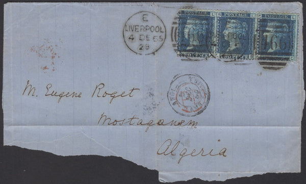 139788 1865 PIECE LIVERPOOL TO ALGERIA WITH 2D BLUE PL.9 (SG45) X 3.