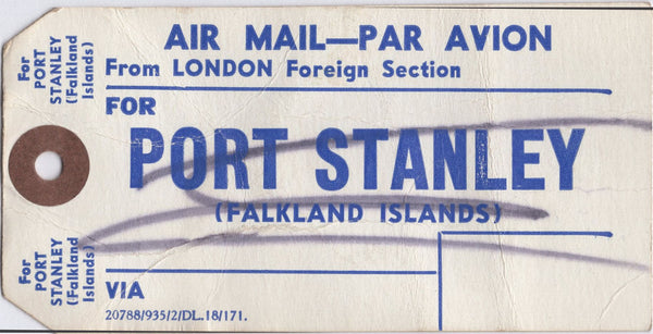 139790 1970-1980'S? PARCEL TAGS FROM THE UK TO FALKLAND ISLANDS/ASCENSION ISLES (6 ITEMS).