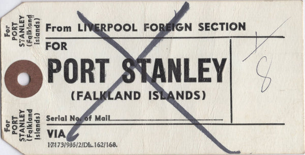 139790 1970-1980'S? PARCEL TAGS FROM THE UK TO FALKLAND ISLANDS/ASCENSION ISLES (6 ITEMS).