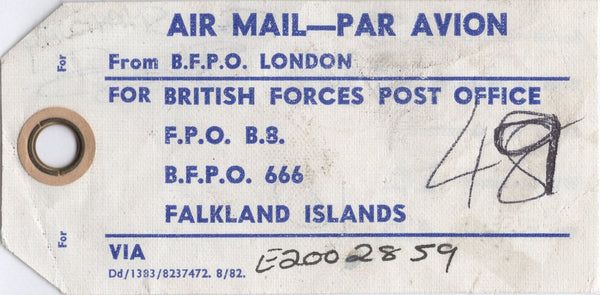 139790 1970-1980'S? PARCEL TAGS FROM THE UK TO FALKLAND ISLANDS/ASCENSION ISLES (6 ITEMS).