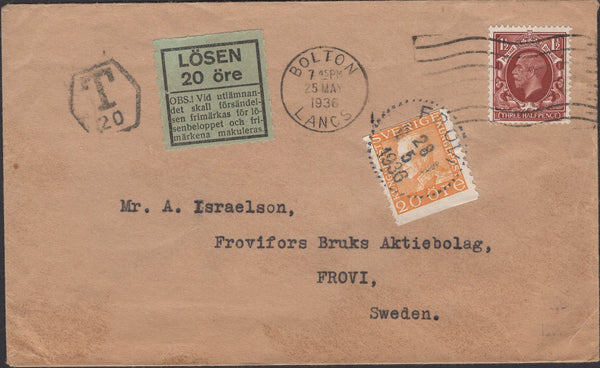 139792 1936 UNDERPAID MAIL BOLTON TO FROVI, SWEDEN WITH KGV 1½D (SG441) AND SWEDISH POSTAGE DUE.