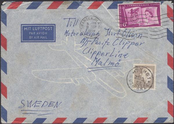 139793 1958 UNDERPAID AIR MAIL SWANSEA TO MALMO, SWEDEN WITH SWEDISH POSTAGE DUE.