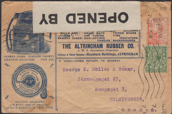 139796 1918 ADVERTISING/CENSORED MAIL ALTRINCHAM, CHESHIRE TO SWEDEN.