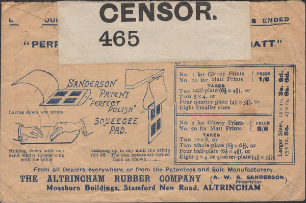 139796 1918 ADVERTISING/CENSORED MAIL ALTRINCHAM, CHESHIRE TO SWEDEN.
