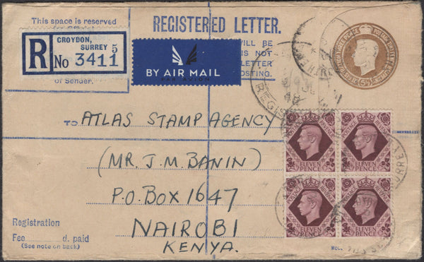 139797 1948 REGISTERED AIR MAIL CROYDON TO KENYA WITH BLOCK OF FOUR KGVI 11D (SG474a).
