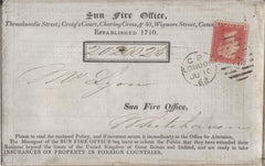 139802 1863 'Sun Fire Office' PRINTED WRAPPER LONDON TO WHITEHAVEN WITH DIE 2 1D PL.27 (SG40).