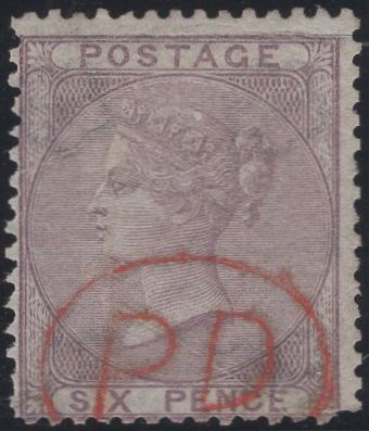 139810 1856 6D PALE LILAC (SG70) WITH RED 'PD' CANCELLATION, REPERFORATED.