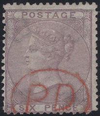 139810 1856 6D PALE LILAC (SG70) WITH RED 'PD' CANCELLATION, REPERFORATED.