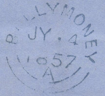 139815 1857 MAIL DUBLIN TO BALLYMONEY WITH 1D PL.38 SAVOY STREET PRINTING (SPEC C9A(2) DUBLIN SPOON TYPE A5 (RA67).