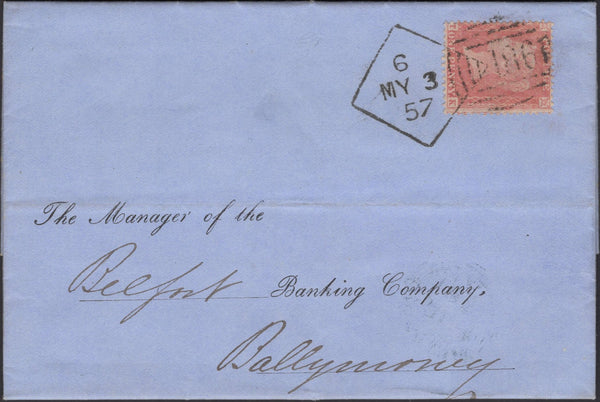 139816 1857 MAIL DUBLIN TO BALLYMONEY WITH 1D PL.31 SAVOY STREET PRINTING (SPEC C9A(2) DUBLIN SPOON TYPE A6 (RA68).