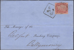139816 1857 MAIL DUBLIN TO BALLYMONEY WITH 1D PL.31 SAVOY STREET PRINTING (SPEC C9A(2) DUBLIN SPOON TYPE A6 (RA68).