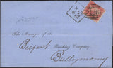 139817 1857 MAIL DUBLIN TO BALLYMONEY WITH DIE 2 1D PL.36 SAVOY STREET PRINTING (SPEC C9A(2) DUBLIN SPOON TYPE A4 (RA66).