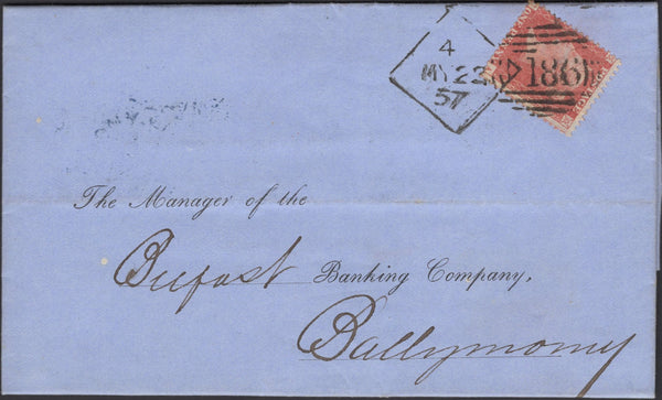 139817 1857 MAIL DUBLIN TO BALLYMONEY WITH DIE 2 1D PL.36 SAVOY STREET PRINTING (SPEC C9A(2) DUBLIN SPOON TYPE A4 (RA66).