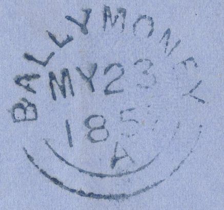 139817 1857 MAIL DUBLIN TO BALLYMONEY WITH DIE 2 1D PL.36 SAVOY STREET PRINTING (SPEC C9A(2) DUBLIN SPOON TYPE A4 (RA66).