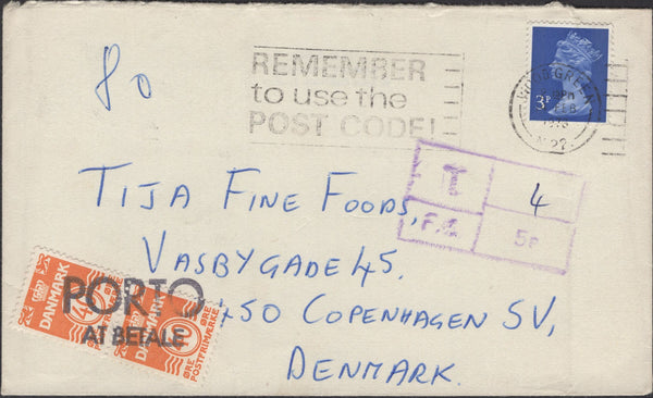 139827 1973 UNDERPAID MAIL WOODGREEN, LONDON TO DENMARK WITH DANISH POSTAGE DUES.